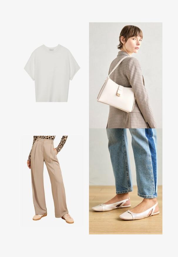 Balta īsā piedurknē T-krekls ar plašu apļa kaklu un teksturētu ribu rakstu, izgatavots no mīksta auduma, ar brīvu piegriezumu un tīru dizainu.; Bēša plata kāju bikses ar iegulētiem priekšējiem pleciem, augsta jostasvieta, sānu kabatas, kombinētas ar gaišām kedām. Audums izskatās gluds un strukturēts.; Bālti rozā siksniņu dzīvokļi ar smailu purngalu, izgatavoti no gludas ādas līdzīgās materiāla. Iezīmē izgriezumu detaļas sānos un platu papēdi.; Balta ādas rokassoma ar strukturētu dizainu, kurai ir magnētiska aizdare un plecu josta, parādīta uz neitrāla fona.