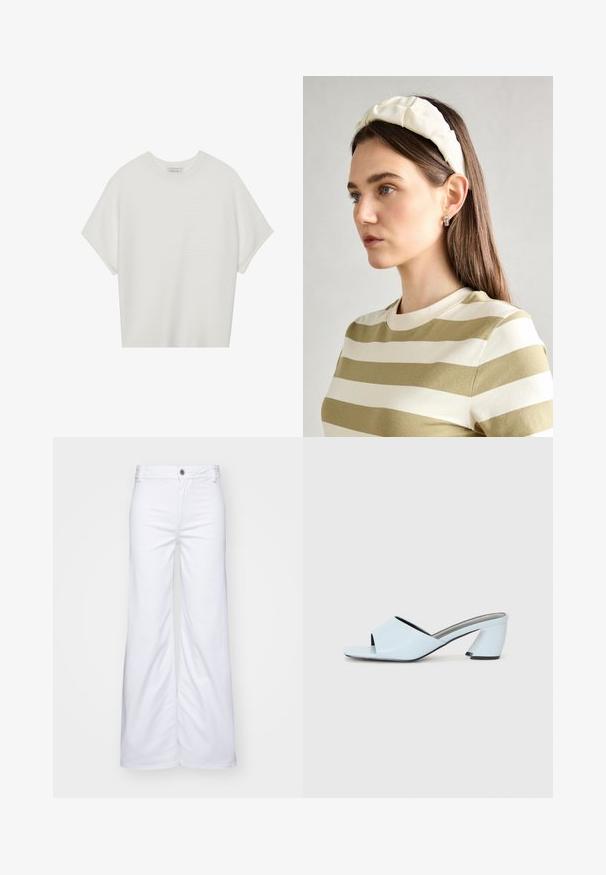 Camiseta branca de mangas curtas com um decote careca largo e um padrão texturizado canelado, feita de tecido suave, com um corte relaxado e um design limpo.; Calças brancas de perna larga em denim, com fecho por botão e passantes para cinto. Textura suave com costura limpa e sem padrões.; Mules de salto aberto de cor azul clara com um design geométrico, apresentando uma faixa larga sobre o pé e um salto chunky e angular.; Fita de cabelo almofadada em creme com design torcido, acompanhada de uma camisa às riscas bege e branca com escote redondo. Acentos discretos em joias.