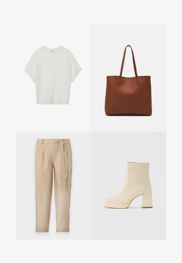 Bela majica s kratkimi rokavi in širokim ovratnikom ter teksturiranim rebrastim vzorcem, izdelana iz mehke tkanine, z udobnim krojem in čistim dizajnom.; Bež hlače z oprijetim pasom, naborki in usklajenim pasom. Zgornji del je ozko krojen s manšetami na koncu hlač, izdelane iz gladkega materiala.; Bež usnjena gležnjarica z blok peto in platformo, gladka površina in rahlo kvadratni prst, obrnjena levo na belem ozadju.; Rjava usnjena torba z gladko teksturo, odprto zasnovo zgoraj in dvema naramnima trakovoma. Opremljena je z minimalnim šivanjem in brez vidnih kovinskih delov.