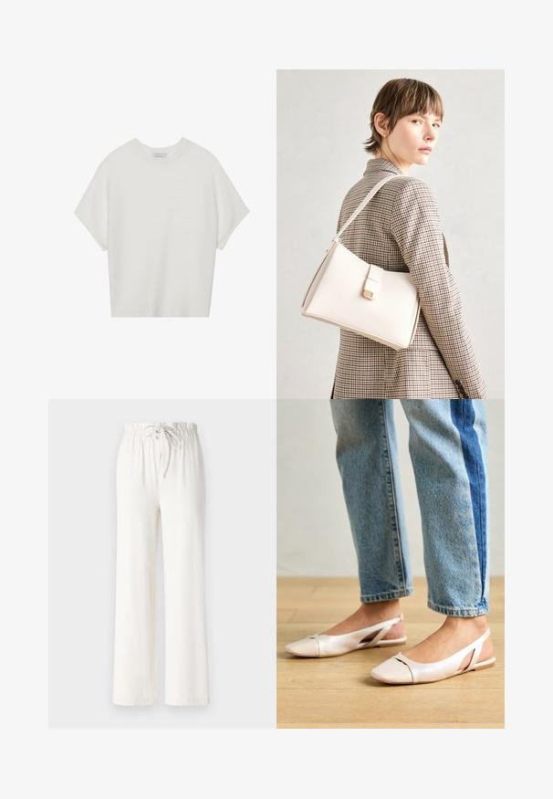 Tricou alb cu mânecă scurtă, cu guler larg și model texturat cu dungi, realizat dintr-un material moale, având o croială lejeră și un design curat.; Pantaloni albi cu picioare largi, confecționați dintr-un material moale, având un brâu cu șnur și o textură netedă. Fără modele sau embellishments vizibile.; Sandalete plate de un roz pal cu vârf ascuțit, realizate dintr-un material asemănător pielii, neted. Prezintă detalii decupate pe laterale și un toc plat.; Geantă de mână din piele albă cu un design structurat, având o închidere magnetică și un breteau, expusă pe un fundal neutru.