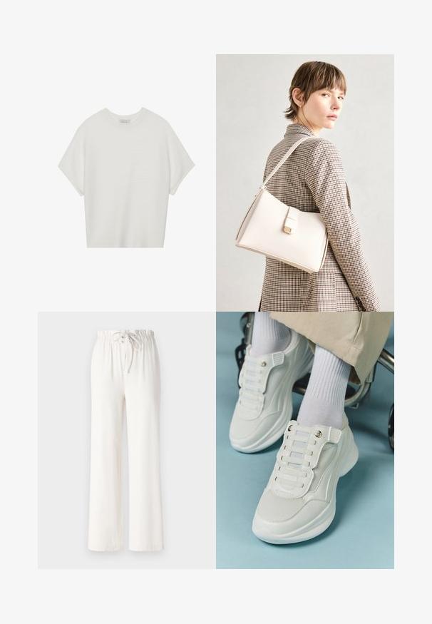 Balta trumpa rankovėmis marškinėliai su plačiu apykakle ir tekstūruotu gumbelių raštu, pagaminti iš minkštos medžiagos, pasižymintys laisvu siluetu ir tvarkingu dizainu.; Balti plačios kelnės, pagamintos iš minkštos medžiagos, su raišteliu liemens srityje ir glotnia tekstūra. Nėra matomų raštų ar puošmenų.; Baltos sportbačiai su tinklelio medžiaga, guminiais padais, be raištelių dizainu su elastinėmis juostelėmis ir auksinėmis detalėmis.; Balto odos rankinė su struktūrizuotu dizainu, turinti magnetinį užsegimą ir petnešą, demonstruojama prieš neutralią foną.