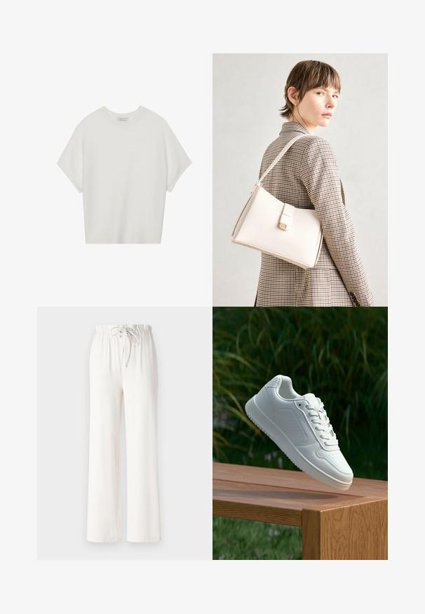 Hvit t-skjorte med korte ermer, bred rund hals og teksturert ribbet mønster, laget av myk stoff, med en avslappet passform og et enkelt design.; Hvite vide bukser laget av myk stoff, med snor i livet og jevn tekstur. Ingen mønstre eller dekorasjoner synlige.; Hvite sneakers med en glatt syntetisk overdel, perforert tåboks, flate snørebånd og en teksturert såle, vist på en treflate.; Hvit lær veske med en strukturert design, med magnetlås og skulderstropp, vist mot en nøytral bakgrunn.