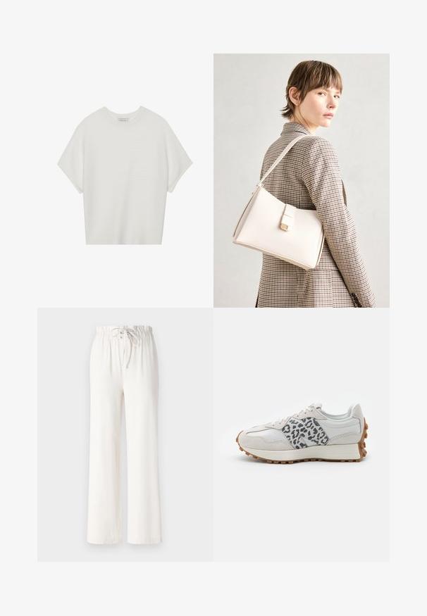 Witte T-shirt met korte mouwen, een brede ronde hals en een gestructureerd ribpatroon, gemaakt van zachte stof. Het shirt heeft een ontspannen pasvorm en een strakke uitstraling.; Witte wijde broek van zacht materiaal, met een tailleband met trekkoord en een gladde textuur. Geen patronen of versieringen zichtbaar.; Witte sneaker met grijze luipaardprint accenten, van suede en leer, met een gestructureerde zool en een gumrubberen buitenzool, ronde neus en vetersluitingen.; Witte leren handtas met een gestructureerd ontwerp, voorzien van een magneetsluiting en een schouderriem, tentoongesteld tegen een neutrale achtergrond.