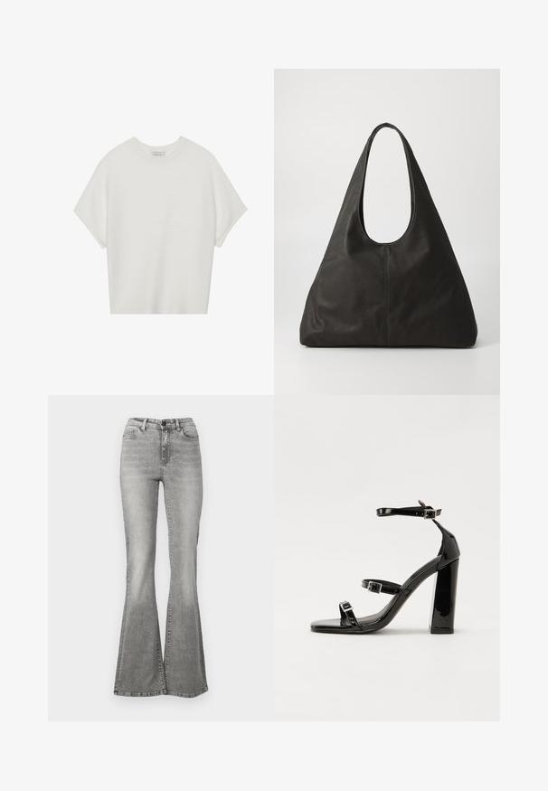 Vit kortärmad t-shirt med bred rund halsringning och texturerad ribbad mönster, tillverkad av mjukt material, med avslappnad passform och en ren design.; Grå utsvängda jeans i denim med hög midja, framfickor och en blekningseffekt. Sömmen är något bredare, vilket ger en utsvängd form.; Svarta lackerade högklackade sandaler med två spännband, fyrkantig tå och en tjock klack, med en slät och glansig yta.; Svart läder tote-väska med ett böjt handtag, avlång triangulär form och slät yta. Har en minimalistisk design utan synlig utrustning.; Klart och bärnstensfärgade ringar av resin, en slät och transparent, den andra med en strukturerad bärnstensfinish. Båda har rundade, kraftiga design.