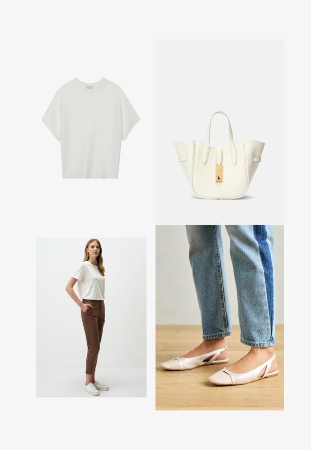 Witte T-shirt met korte mouwen, een brede ronde hals en een gestructureerd ribpatroon, gemaakt van zachte stof. Het shirt heeft een ontspannen pasvorm en een strakke uitstraling.; Witte T-shirt met korte mouwen in combinatie met bruin aansluitende broeken, voorzien van zijzakken en een gladde textuur, aangevuld met witte sneakers.; Zachtroze slingback ballerina's met een spitse neus, gemaakt van een glad leerachtig materiaal. Bevat uitsnijdingen aan de zijkanten en heeft een platte hak.; Witte leren tote bag met een gestructureerde vorm, prominente stiksels, gouden hardwarelabel en dubbele handgrepen. Gelaagde oppervlakte met zijzakken.