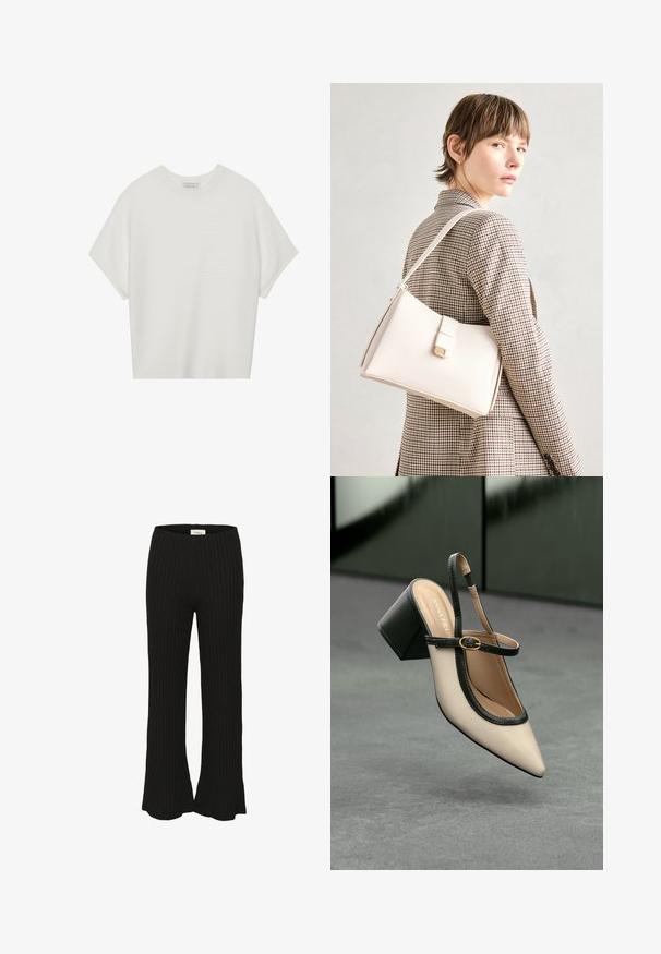 Witte T-shirt met korte mouwen, een brede ronde hals en een gestructureerd ribpatroon, gemaakt van zachte stof. Het shirt heeft een ontspannen pasvorm en een strakke uitstraling.; Zwarte geribde broeken met een uitlopende zoom, voorzien van een hoge tailleband. De textuur lijkt zacht en elastisch, geschikt voor informele kleding.; Beige puntige slingback schoen met zwarte rand, gouden gesp en een chunky blokhak op een grijze vloer met een donker groene achtergrond.; Witte leren handtas met een gestructureerd ontwerp, voorzien van een magneetsluiting en een schouderriem, tentoongesteld tegen een neutrale achtergrond.