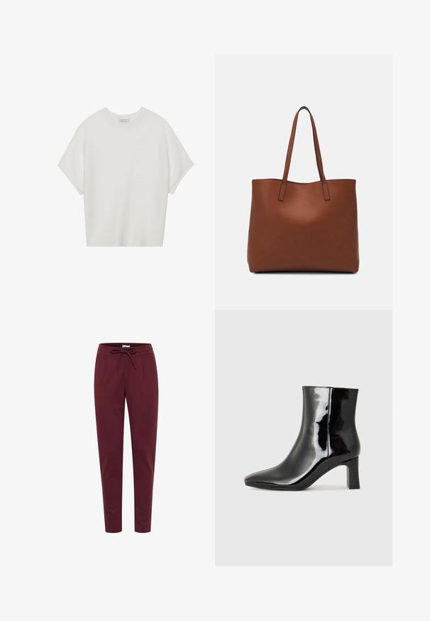 Fehér, rövid ujjú póló széles kerek nyakkivágással és textúrázott, bordás mintával, puha anyagból készült, laza fazonú és letisztult dizájnú.; Bordó nadrág puha, ruganyos anyagból, húzózsinórral ellátott derékrésszel, elülső redőkkel és szűkülő lábakkal. Sima textúra az egész anyagon.; Fekete lakk bőrcipő bokáig érő, hegyes orral és közepes magasságú tömbsarokkal. Simább textúrával és minimalista dizájnnal rendelkezik.; Barna bőr vászontáska sima textúrával, nyitott tetejű dizájnnal és két vállpánttal. Minimális varrással és látható hardver nélkül készült.