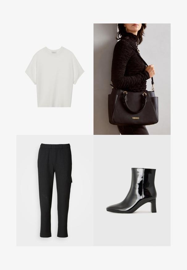 Balta trumpa rankovėmis marškinėliai su plačiu apykakle ir tekstūruotu gumbelių raštu, pagaminti iš minkštos medžiagos, pasižymintys laisvu siluetu ir tvarkingu dizainu.; Juodos juostelės kelnės su elastinga juosmens juosta ir tiesiomis kojomis. Yra šoninis kišenas su uždengimu, pagamintos iš lygaus audinio.; Juodos lakuotos odinės aulinukės su smailiu pirštu ir vidutinio aukščio blokuotu kulnu. Lygus paviršius ir minimalistinis dizainas.; Juodas rankinės maišelis su struktūrizuota paviršiumi, dvigubais viršutiniais rankenėlėmis ir reguliuojamu peties diržu. Įrengtas aukso spalvos furnitūra ir šoninės kišenės.