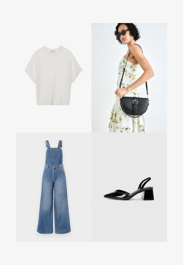 Balta trumpa rankovėmis marškinėliai su plačiu apykakle ir tekstūruotu gumbelių raštu, pagaminti iš minkštos medžiagos, pasižymintys laisvu siluetu ir tvarkingu dizainu.; Šviesiai mėlyni džinsiniai kombinezonai, pasižymintys plačiomis kojomis, reguliuojamomis petnešomis, priekinėmis kišenėmis ir sidabriniais metaliniais elementais. Audinys rodo subtilią tekstūrą.; Juodos lakuotos odinės šlepetės su smailiu pirštu ir geometriniu bloko kulnu. Turi elegantišką, minimalistinį dizainą ir lygų paviršių.; Juodas odinis krepšys su išlenkta forma, nuimamu dirželiu ir auksiniais detalėmis. Krepšys turi kilpą su sagtimi.