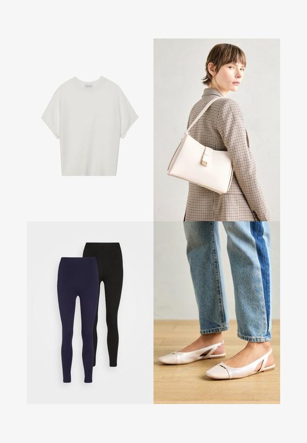 Biała koszulka z krótkim rękawem o szerokim dekolcie, wykonana z miękkiego materiału, z fakturowanym prążkowanym wzorem, charakteryzująca się luźnym krojem i minimalistycznym designem.; Dwie pary dopasowanych legginsów: jedna w granatowym, druga w czarnym kolorze. Wykonane z gładkiego, elastycznego materiału bez widocznych wzorów czy elementów metalowych.; Jasnoróżowe baleriny na odkrytej pięcie z wąskim noskiem, wykonane z gładkiego materiału imitującego skórę. Posiadają wycięcia po bokach oraz płaski obcas.; Biała skórzana torebka o strukturalnym wzorze, z magnetycznym zapięciem i paskiem na ramię, zaprezentowana na neutralnym tle.