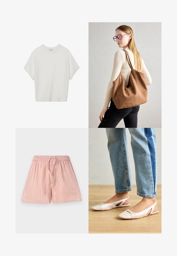 Hvit t-skjorte med korte ermer, bred rund hals og teksturert ribbet mønster, laget av myk stoff, med en avslappet passform og et enkelt design.; Lys rosa shorts med vertikale røde striper, laget av myk stoff. Har en elastisk midjebånd med snøring for justering.; Lys rosa slingback leiligheter med spiss tå, laget av et glatt, læraktig materiale. Har utskjæringer på sidene og lav hæl.; Brun semsketotebag med myk tekstur, stor åpning og lange stropper. Har et enkelt design med synlig søm og uten maskinvare.