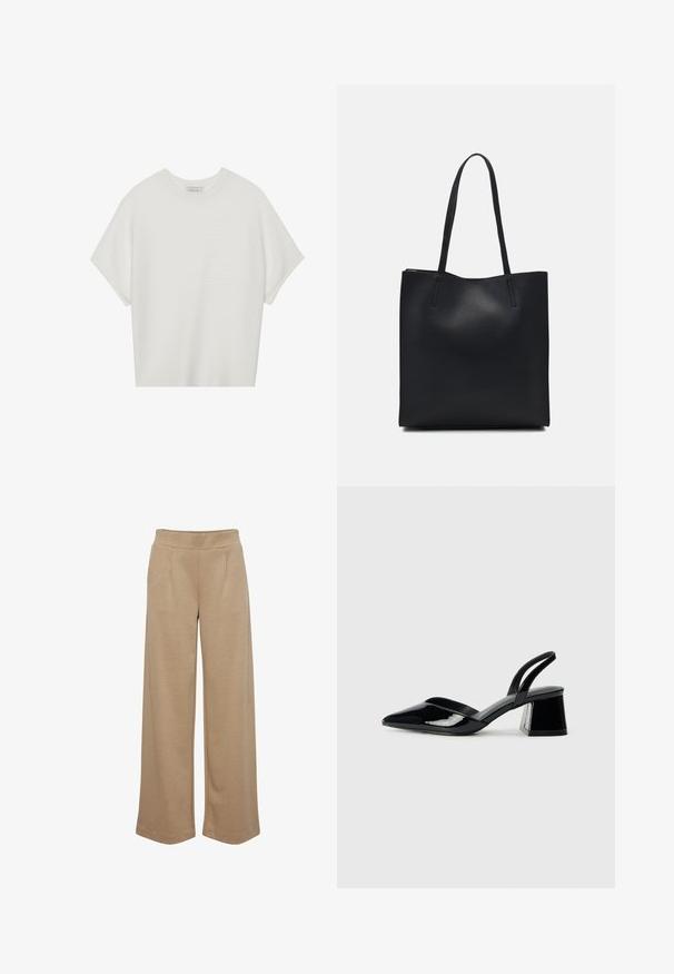 Biała koszulka z krótkim rękawem o szerokim dekolcie, wykonana z miękkiego materiału, z fakturowanym prążkowanym wzorem, charakteryzująca się luźnym krojem i minimalistycznym designem.; Beżowe spodnie szerokie w nogawach, wykonane z miękkiego materiału, z dwoma plisami z przodu, elastycznym paskiem w talii oraz gładką fakturą.; Czarne lakierowane półbuty na obcasie z wydłużonym noskiem i geometrycznym słupkiem. Charakteryzują się eleganckim, minimalistycznym designem oraz gładką fakturą.; Czarna skórzana torba tote o gładkiej fakturze, prostokątnym kształcie i dwóch długich uchwytach. Brak widocznych elementów metalowych i ozdób.