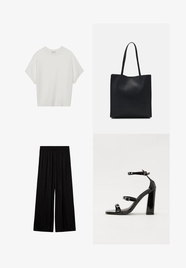 White short-sleeve t-shirt with a wide crew neck and textured ribbed pattern, made of soft fabric, featuring a relaxed fit and a clean design.; Mango Trousers - black; Black patent heeled sandals with a square toe, ankle straps, and silver buckles. Features a chunky block heel for stability.; Black leather tote bag with smooth texture, rectangular shape, and two long handles. No visible hardware or embellishments.
