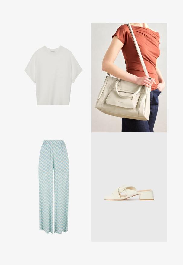 T-shirt blanc à manches courtes avec un large col rond et un motif côtelé texturé, fabriqué en tissu doux, présentant une coupe décontractée et un design épuré.; Pantalons larges bleu clair présentant un motif à carreaux dans des teintes alternées, avec une taille élastique pour le confort.; Sandales à talons bloc couleur crème avec des brides torsadées et un lit de pied plat. Matériau synthétique lisse avec une finition mate.; Sac à main en cuir blanc avec des poignées doubles et une bandoulière amovible, doté d'une poche zippée à l'avant et d'une texture lisse. Porté au bras d'une personne.