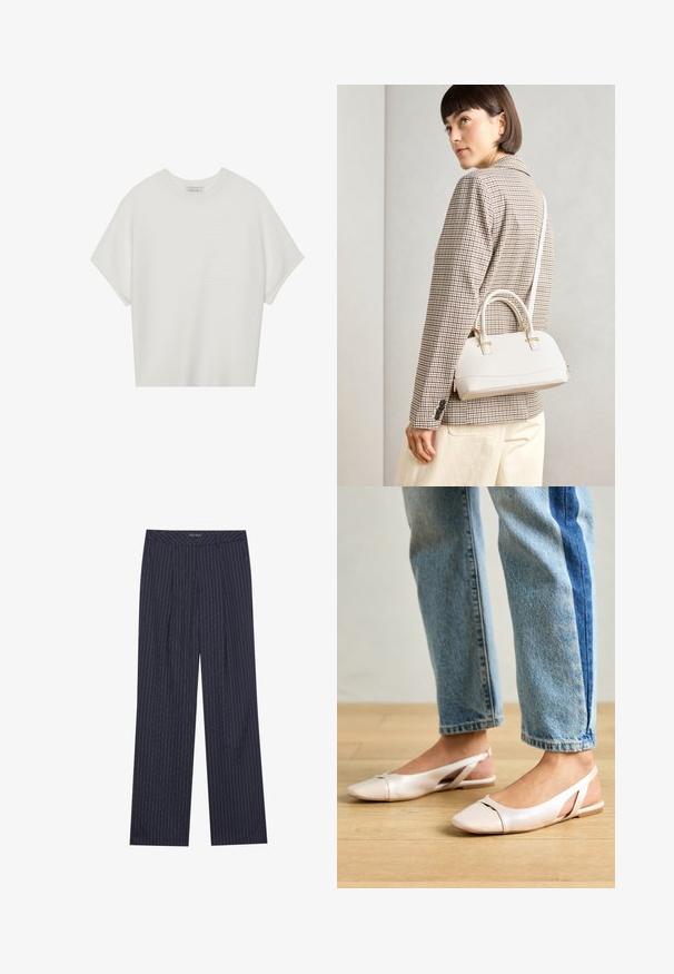 Balta īsā piedurknē T-krekls ar plašu apļa kaklu un teksturētu ribu rakstu, izgatavots no mīksta auduma, ar brīvu piegriezumu un tīru dizainu.; Jūras zila krāsa, plaša kāju bikses ar vertikālām baltām svītrām, ar pielāgotu jostas daļu un priekšējo krokām, kas nodrošina strukturētu piegriezumu.; Bālti rozā siksniņu dzīvokļi ar smailu purngalu, izgatavoti no gludas ādas līdzīgās materiāla. Iezīmē izgriezumu detaļas sānos un platu papēdi.; Balta strukturēta roku soma ar īsām rokturiem un plecu siksnu, ar zelta aparatūras akcentiem un strukturētu materiālu, izstādīta uz pelēka fona.