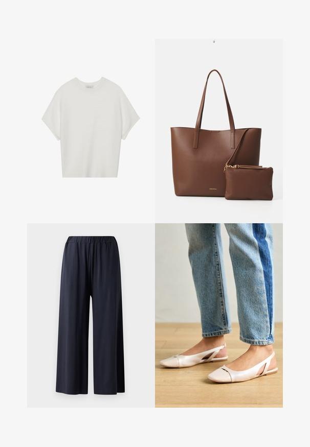 Camiseta branca de mangas curtas com um decote careca largo e um padrão texturizado canelado, feita de tecido suave, com um corte relaxado e um design limpo.; Pantalões de perna larga em tecido azul-marinho escuro com cintura elástica, apresentando uma textura suave e um design até ao chão.; Sapatilhas slingback de cor rosa pálido com bico fino, feitas de um material semelhante a couro liso. Apresentam detalhes recortados nas laterais e um salto plano.; Bolsa tote de imitação de couro castanho com duas alças longas e uma pequena bolsa correspondente. A superfície apresenta um padrão texturizado e detalhes em metal dourado.