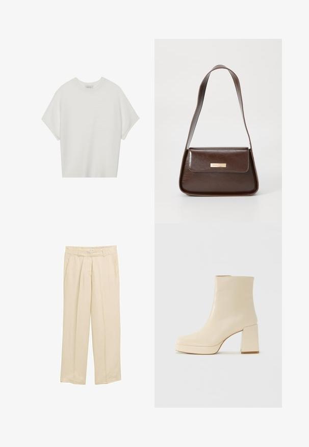 Hvid kortærmet t-shirt med en bred rund hals og struktureret ribbet mønster, lavet af blødt stof, med en afslappet pasform og et enkelt design.; Beige, vide bukser lavet af letvægtsstof. Har et elastisk taljebånd og sidelommer. Glat tekstur med subtile vertikale linjer.; Beige læder ankelstøvle med blokhæl og platformssål, glat overflade og let firkantet tå, vender til venstre på hvid baggrund.; Brun læder skuldertaske med en struktureret form, der har en magnetisk klaplukning og en metallisk logoaccents på forsiden.