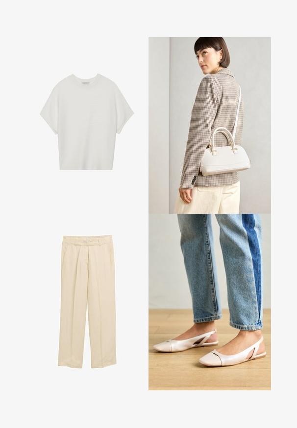 Witte T-shirt met korte mouwen, een brede ronde hals en een gestructureerd ribpatroon, gemaakt van zachte stof. Het shirt heeft een ontspannen pasvorm en een strakke uitstraling.; Beige, wijde broek van lichtgewicht stof. Voorzien van een elastische tailleband en zijzakken. Soepele textuur met subtiele verticale lijnen.; Zachtroze slingback ballerina's met een spitse neus, gemaakt van een glad leerachtig materiaal. Bevat uitsnijdingen aan de zijkanten en heeft een platte hak.; Witte gestructureerde handtas met korte handvatten en een schouderband, voorzien van gouden hardwareaccenten en een textuurmateriaal, tentoongesteld tegen een grijze achtergrond.