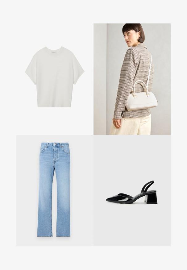 Balta trumpa rankovėmis marškinėliai su plačiu apykakle ir tekstūruotu gumbelių raštu, pagaminti iš minkštos medžiagos, pasižymintys laisvu siluetu ir tvarkingu dizainu.; Šviesiai mėlyni džinsai su tiesiu pjūviu, aukštu liemeniu, penkiomis kišenėmis, užsegami mygtuku ir subtiliu išblukimu visame audinyje.; Juodos lakuotos odinės šlepetės su smailiu pirštu ir geometriniu bloko kulnu. Turi elegantišką, minimalistinį dizainą ir lygų paviršių.; Balta struktūruota rankinė su trumpomis rankenomis ir peties diržu, su auksinėmis detalėmis ir tekstūruota medžiaga, pastatyta prieš pilką foną.
