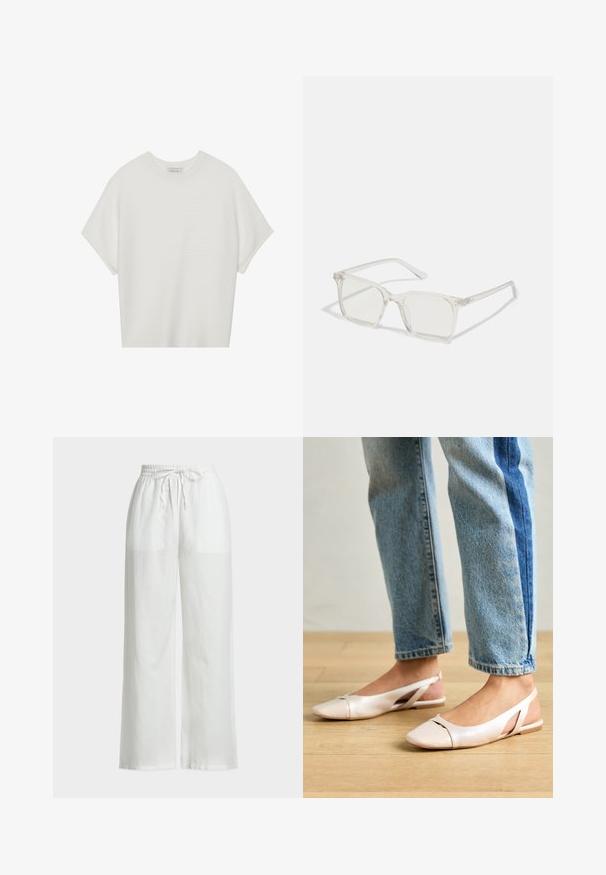 Balta trumpa rankovėmis marškinėliai su plačiu apykakle ir tekstūruotu gumbelių raštu, pagaminti iš minkštos medžiagos, pasižymintys laisvu siluetu ir tvarkingu dizainu.; Baltos lino platėjančios kelnės su elastine juosmens juosta ir raišteliu. Savybės: lygi tekstūra ir minimalus dizainas.; Šviesiai rožiniai slingback baleto bateliai su smailiu pirštu, pagaminti iš lygios odai panašios medžiagos. Yra išpjovimų detalės šonuose ir plokščias kulnas.; Permat nuleidžiai skaidrūs kvadrato formos akinius su permatomais lęšiais, kurie turi auksines detales ant šventyklų.