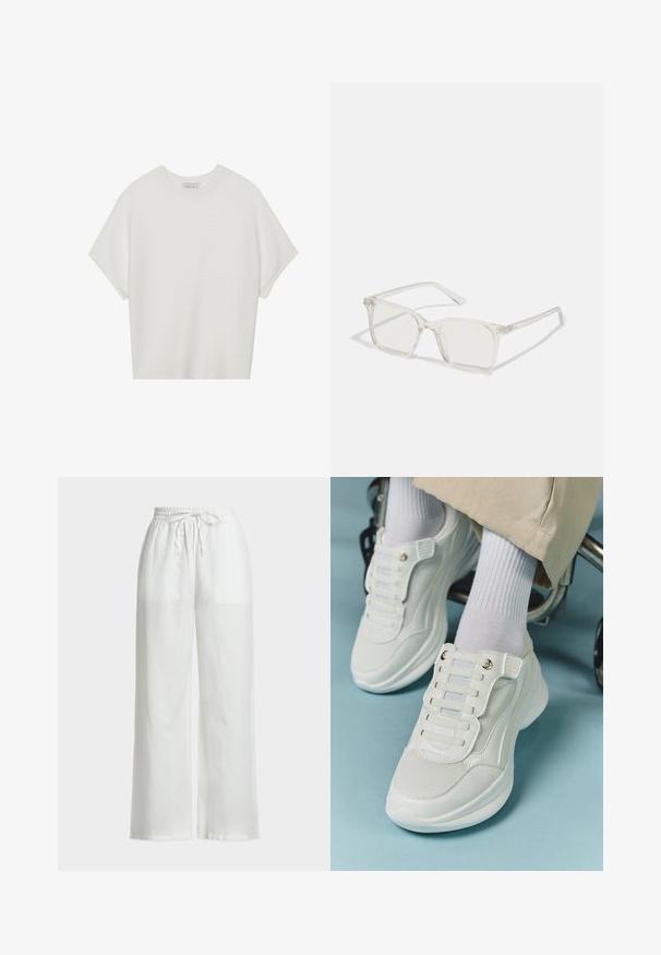 Vit kortärmad t-shirt med bred rund halsringning och texturerad ribbad mönster, tillverkad av mjukt material, med avslappnad passform och en ren design.; Vita vida byxor i linne med elastisk midja och dragsko. Har en slät textur och minimal design.; Vita sneakers med nätmaterial, gummisula, snörningsfri design med elastiska band och guldfärgade detaljer.; Klart plastfyrkantiga glasögon med genomskinliga linser, med guldfärgade detaljer på bågarna för extra stil.