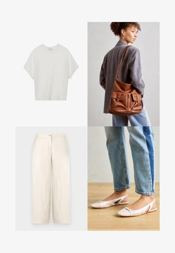 Weißes T-Shirt mit kurzen Ärmeln, weitem Rundhalsausschnitt und strukturiertem Rippenmuster, aus weichem Stoff, mit legerer Passform und einem klaren Design.; Beige weit geschnittene Hose aus leichtem Stoff, mit Knopfverschluss, Gürtelschlaufen und sauberen Säumen. Glatte Textur und minimalistisches Design.; Blassrosa Slingback-Ballerinas mit spitzem Punkt, aus einem glatten, lederähnlichen Material. Mit Ausschnitten an den Seiten und einem flachen Absatz.; Braune Leder-Eimerhandtasche mit zwei vorderen Taschen und Schnallenakzenten. Die Tasche hat eine glatte Textur und einen verstellbaren Tragegurt.