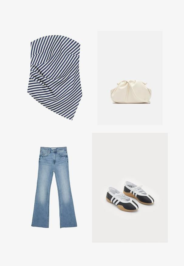 Námornícka a biela pruhovaná textília, so šikmými líniami a jemnými záhybmi. Materiál sa zdá byť hladký s miernym leskom a ostrými okrajmi.; Svetlomodré rozšírené džínsy vyrobené z denimu, s klasickým dizajnom piatich vreciek a zipsom s gombíkovým zapínaním.; Čierne a biele športové topánky s elegantným dizajnom, gumovou podrážkou, šnurovaním a tromi bielymi prúžkami na bokoch.; Krémová, mäkká taška z umelého kože s nariaseným dizajnom, nastaviteľným popruhom a jemným šnurovaním. Hladký povrch a zaoblený tvar.