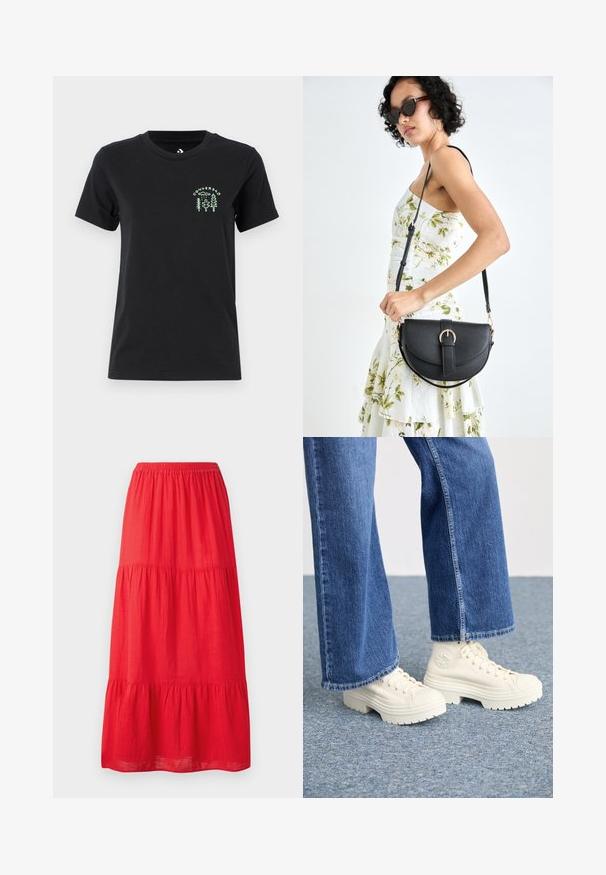 Converse FOREST ART TEE - Marškinėliai su spaudiniu - black; Raudona medvilninė maksi sijonas su elastinga juosta, turintis tris lygius volanų ir lygų paviršių. Paprastas dizainas be matomų raštų.; Baltos aukštos sportinės kedai su storomis, briaunotomis padais ir apvaliu logotipo akcentu, dėvimi su šviesiai mėlynomis plačiakulkėmis džinsinėmis kelnėmis.; Juodas odinis krepšys su išlenkta forma, nuimamu dirželiu ir auksiniais detalėmis. Krepšys turi kilpą su sagtimi.