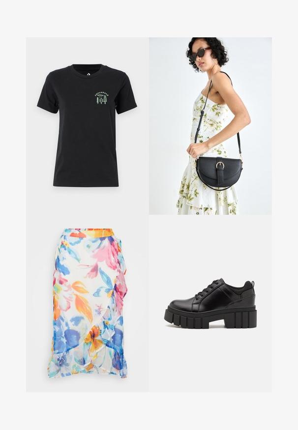 Converse FOREST ART TEE - Tricou cu imprimeu - black; Fustă florală dintr-un material ușor și transparent. Prezintă flori vibrante multicolore, un tiv ondulat și un brau portocalie contrastant.; Pantofi cu talpă plată din piele neagră, cu toc gros, vârf rotund și design tradițional cu șireturi. Prezintă o textură netedă și detalii minime.; Geantă din piele neagră, cu o formă curbată, curea detașabilă și accesorii aurii. Geanta are un capac cu un detaliu tip cataramă.