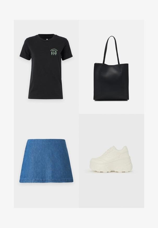 Converse FOREST ART TEE - Printtipaita - black; Denim mini hame in a medium blue tone, avea o formă clasică în A, margine curată și fără decorațiuni sau modele vizibile.; Valkoiset tasapohjakengät, joissa on sileä nahkamainen päällinen, pyöristetty muoto, pehmustettu nilkkaosa ja texturoitu kumipohja, jossa on hyvin määritellyt urat.; Mustapahkainen kangaskassi, jossa on sileä pinta, suorakaiteen muotoinen ja kaksi pitkää kahvaa. Ei näkyvää metalliosaa tai koristeita.