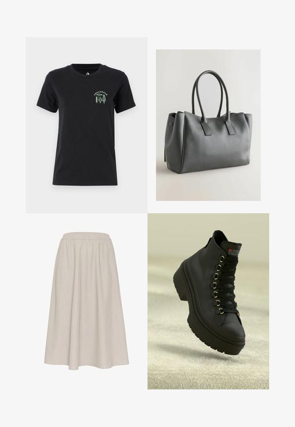 Converse FOREST ART TEE - T-shirts print - black; Lys beige, ankel-længde nederdel med elastisk talje. Har lodrette striber og et let, tekstureret stof.; Sorte læder ankelstøvler med guldperler, rund tå, tyk sort gummisål og snørebånd. Har vandtæt og isoleret design.; Grå læderhand bag med dobbelte håndtag, rektangulær form, glat tekstur og minimalistisk design. Har flade sidepaneler og diskret syning.