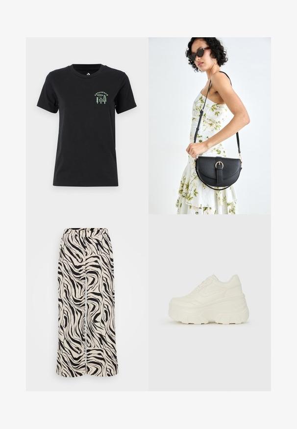 Converse FOREST ART TEE - Nyomott mintás póló - black; Könnyű anyagból készült, bőszárú nadrág, fekete-fehér zebramintával. Rugalmas derékpánt és sima textúra.; Fehér platform sportcipők, sima bőrszerű felsőrésszel, kerek formával, párnázott bokával és texturált gumitalppal, jól definiált mintázattal.; Fekete bőrtáska ívelt formával, levehető pánttal és arany színű fémrészekkel. A táskán egy csattal díszített fedél található.