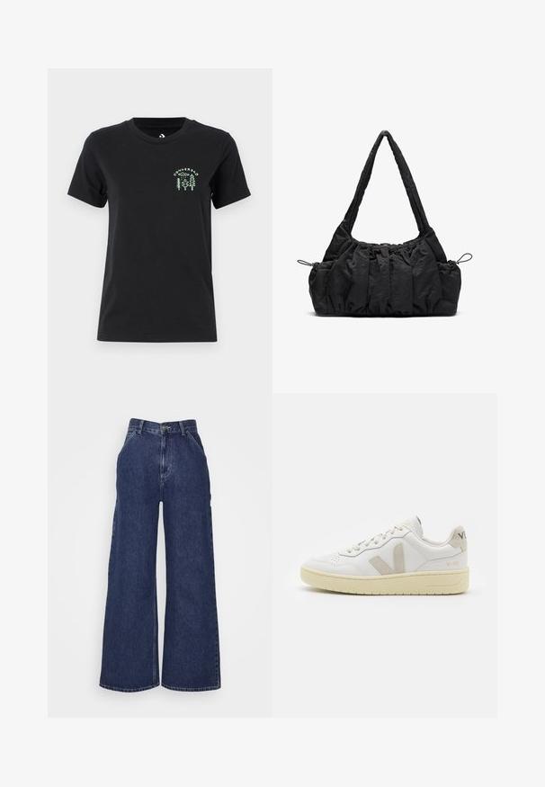Converse FOREST ART TEE - T-shirt print - black; Brede denim jeans in donkerblauw, met een hoge taille, zijzakken en een ritssluiting met een metalen knop. Gladde textuur en klassiek ontwerp.; Witte leren sneaker met beige suède accenten, geperforeerde neus, platte veters en een gestructureerde crèmekleurige zool. Heeft subtiele branding op de hak.; Zwarte stoffen handtas met gerimpelde textuur, twee schouderbanden en een trekkoordsluiting aan de zijkanten. Glad, lichtgewicht materiaal.