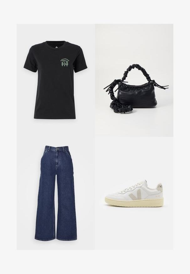 Converse FOREST ART TEE - Printtipaita - black; Housut tummansinisestä denimmateriaalista, joissa on leveät lahkeet ja korkea vyötärö. Edessä taskut ja vetoketjulla suljettava metallinappi. Tasainen pinta ja klassinen muotoilu.; Valkoiset nahkakengät, joissa on vaaleanruskeat pigmenttisuojat, rei'itetty kärki, litteät nauhat ja teksturoitu kermaisa pohja. Takana on huomaamaton brändäys.; Must-have mustekahvi nahkalaukku krokotiiliaistalla, kiristetty yläosa ja rypistetty hihna. Näyttää pehmeältä ja kompaktilta muotoilultaan.