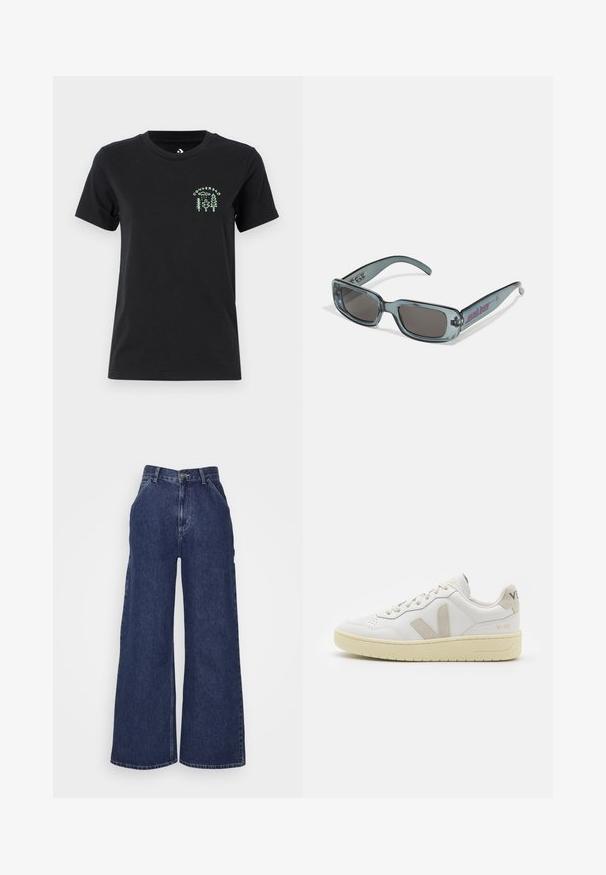 Converse FOREST ART TEE - Tricou cu imprimeu - black; Jeans din denim cu picioare largi, de culoare albastru închis, cu talie înaltă, buzunare frontale și fermoar cu buton metalic. Textură netedă și design clasic.; Pantofii sport din piele albă cu accente din suede bej, cutie pentru degete perforată, șireturi plate și o talpă texturată de crem. Prezintă branding subtil pe călcâi.; Santa Cruz INFERNO UNISEX - Ochelari de soare - crystal black
