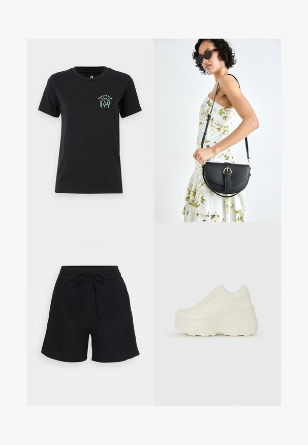 Converse FOREST ART TEE - T-shirt con stampa - black; Shorts neri in lino con elastico in vita, cordoncino regolabile e una sottile texture verticale. Vestibilità rilassata, lunghezza fino a metà coscia.; Sneakers bianchi con piattaforma, caratterizzati da una parte superiore simile alla pelle liscia, forma arrotondata, collo imbottito e suola in gomma testurizzata con scanalature ben definite.; Borsa a tracolla nera in pelle con una forma curva, manico rimovibile e accessori dorati. La borsa presenta una patta con un dettaglio a fibbia.