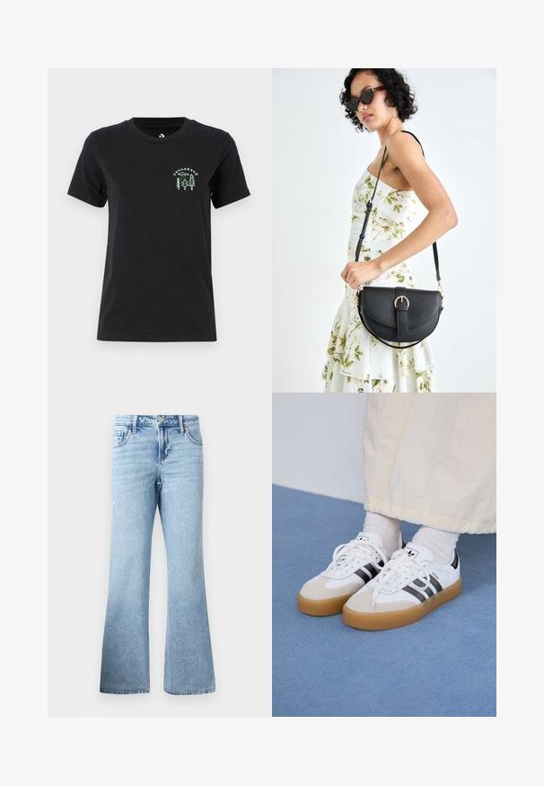 Converse FOREST ART TEE - Tricou cu imprimeu - black; Jeans evaza de culoare bleu deschis, realizate din denim, cu încuiere tip fermoar și închidere cu nasture, design standard cu cinci buzunare și detalii subtile de uzură.; Adidași albi cu dungi negre și accente din suede bej. Au talpă din cauciuc texturat și șireturi albe plate, purtați cu șosete de culori deschise.; Geantă din piele neagră, cu o formă curbată, curea detașabilă și accesorii aurii. Geanta are un capac cu un detaliu tip cataramă.