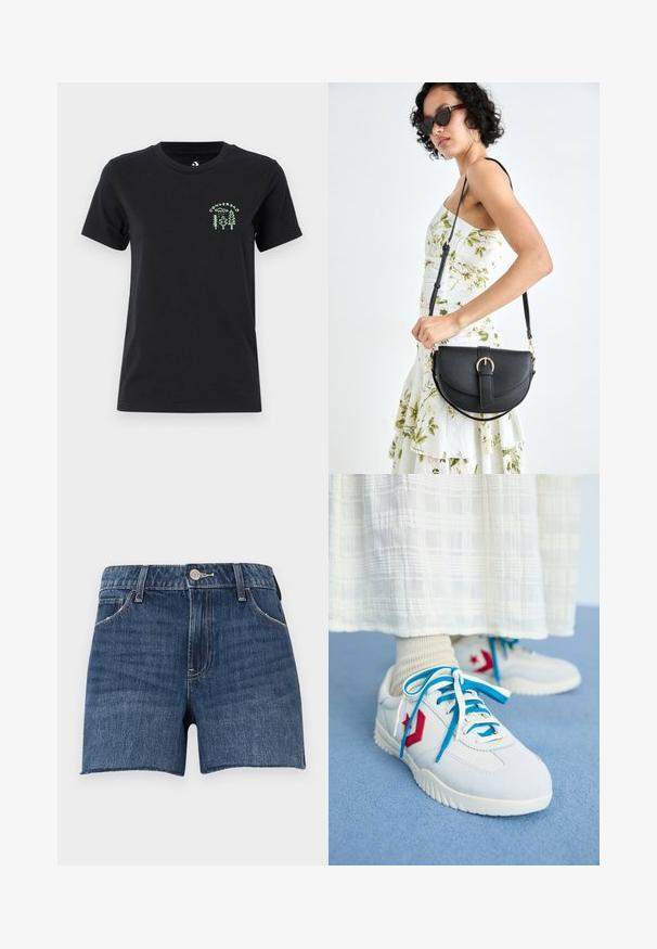 Converse FOREST ART TEE - T-shirts med print - black; Mørkeblå denimshorts med rå kant. Har fem lommer og metallknap lukking foran. Sømdetaljer over hele plagget.; Hvite sneakers med røde og blå detaljer, teksturert stoff, flate lisser, gummisåler og sidelogo. Brukt med lyse sokker.; Svart lærveske med en buet form, avtagbar stropp og gullbeslag. Vesken har et klaff med spenne-detall.