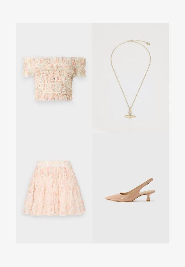 Off-Shoulder-Oberteil mit Rüschenkanten, mit einem gerafften Design in sanften Farben, leichtem Stoff und strukturierter Oberfläche.; Needle & Thread DITSY SMOCKED MICRO MINI SKIRT - Minirock - moonshine pink; Patentierte Slingback-Schuhe in Hellrosa, mit einer spitzen Zehenform, niedrigem Blockabsatz und einem verstellbaren Riemen mit rundem Schnallendetail.; Vivienne Westwood MAYFAIR BAS RELIEF PENDANT - Halskette - gold-coloured