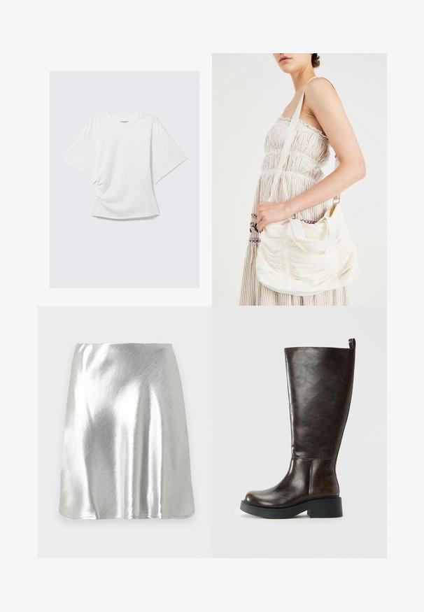 White oversized short-sleeve crew neck T-shirt with a loose fit, displayed flat against a light gray background.; Silver metallic mini skirt with a smooth texture and a slight sheen. Features a flared design and a simple, clean cut hemline.; Dark brown leather knee-high boot with rounded toe, chunky black sole, low block heel, and pull tab at the top back.; White fabric shoulder bag with gathered texture, adjustable strap, and silver hardware. Displayed alongside a cream-colored dress.