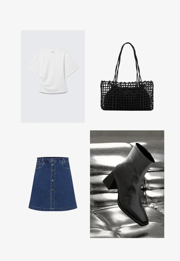 Bílý oversized krátký rukáv T-shirt s kulatým výstřihem a volným střihem, vystavený na světle šedém pozadí.; Džínová áčková sukně v tmavě modré barvě s knoflíkovým zapínáním a kontrastním šitím. Obsahuje dvě boční kapsy a délku nad kolena.; Černá kotníková bota vyrobená z lesklého materiálu se čtveratou špičkou a zúženým podpatkem, umístěná na lesklém stříbrném prošívaném pozadí.; Černá tkaná kabelka s otevřeným síťovaným designem a dvěma dlouhými ušima. Obsahuje pevnou černou vnitřní tašku pro úložný prostor.