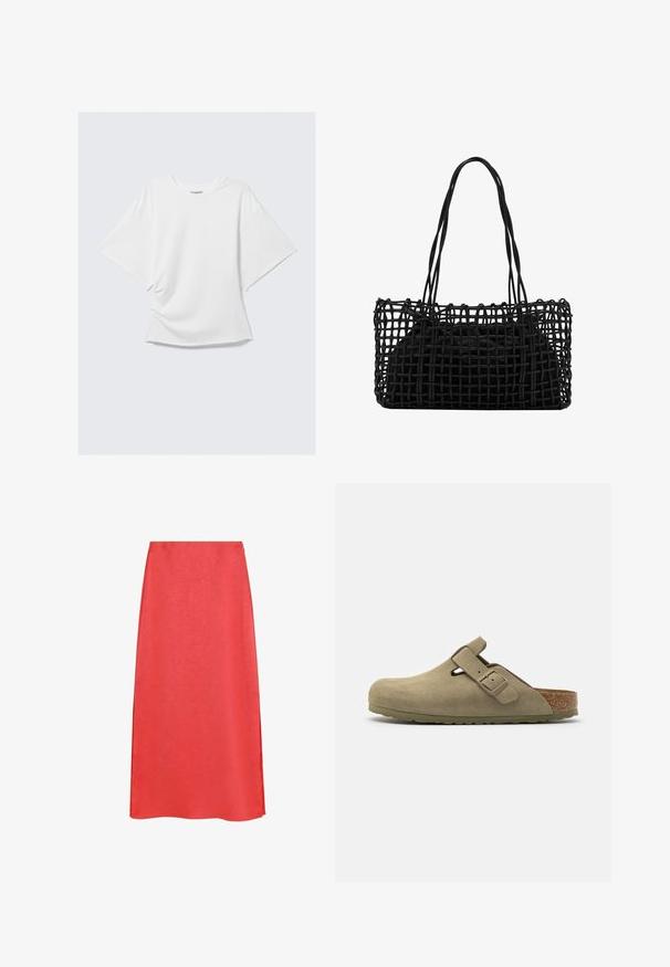 Witte oversized T-shirt met korte mouwen en ronde hals, met een losse pasvorm, plat weergegeven tegen een lichtgrijze achtergrond.; Rode midi-rok met een soepele textuur, voorzien van een lichte glans en een A-lijn silhoutte. Geen zichtbare patronen of hardwaredetails.; Olijfgroene suede clog met een ronde neus, verstelbare band, kurken voetbed en gestructureerde rubberen zool, met een gladde afwerking en uitsnijdetails.; Zwarte geweven handtas met een open netontwerp en twee lange handvatten. Bevat een solide zwarte binnenzak voor opbergruimte.