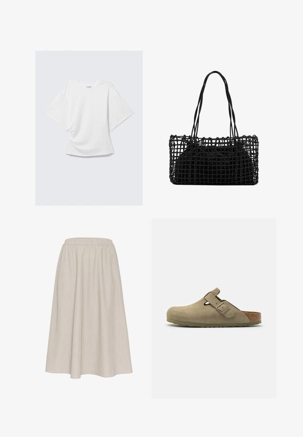 White oversized short-sleeve crew neck T-shirt with a loose fit, displayed flat against a light gray background.; Light beige, ankle-length skirt with an elastic waistband. Features vertical pinstripes and a flowy, textured fabric.; Olive suede clog with a round toe, adjustable strap, cork footbed, and textured rubber sole, featuring a smooth finish and cut-out detail.; Black woven handbag with an open netted design and two long handles. Features a solid black interior bag for storage.