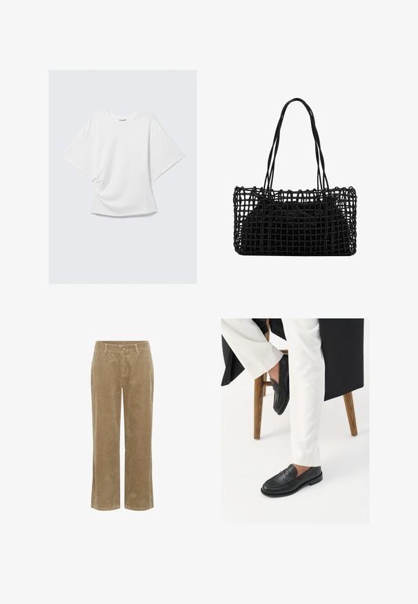 Tricou alb din bumbac, cu maneci scurte si croiala largă, expus plat pe un fundal gri deschis.; Pantaloni din catifea bej cu bucle pentru curea, nasture frontal, închidere cu fermoar și croială dreaptă.; Mocasini negri din piele, cu o textură netedă și un detaliu cu curea lată, purtați cu pantaloni albi croiți. Tocul are un design plat.; Geantă de mână neagră împletită, cu un design deschis din plasă și două mânere lungi. Include o geantă interioară solidă neagră pentru depozitare.
