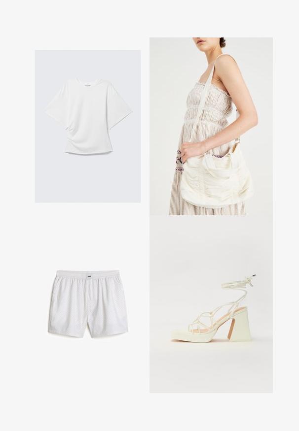 Weißes, übergroßes T-Shirt mit kurzen Ärmeln und Rundhalsausschnitt, locker sitzend, auf einem hellgrauen Hintergrund flach präsentiert.; Weiße karierte Badeshorts mit elastischem Bund und Logoetikett. Hergestellt aus leichtem Stoff mit glatter Textur und lockerer Passform.; Weiße High-Heel-Sandale mit einem klobigen Absatz, die über ein Riemchendesign und ein Knöchelband verfügt. Glatte Textur mit einer Plattform vorne für zusätzliche Höhe.; Weiße Stoff-Schultertasche mit geraffter Textur, verstellbarem Riemen und silbernen Beschlägen. Nebeneinander mit einem cremefarbenen Kleid präsentiert.