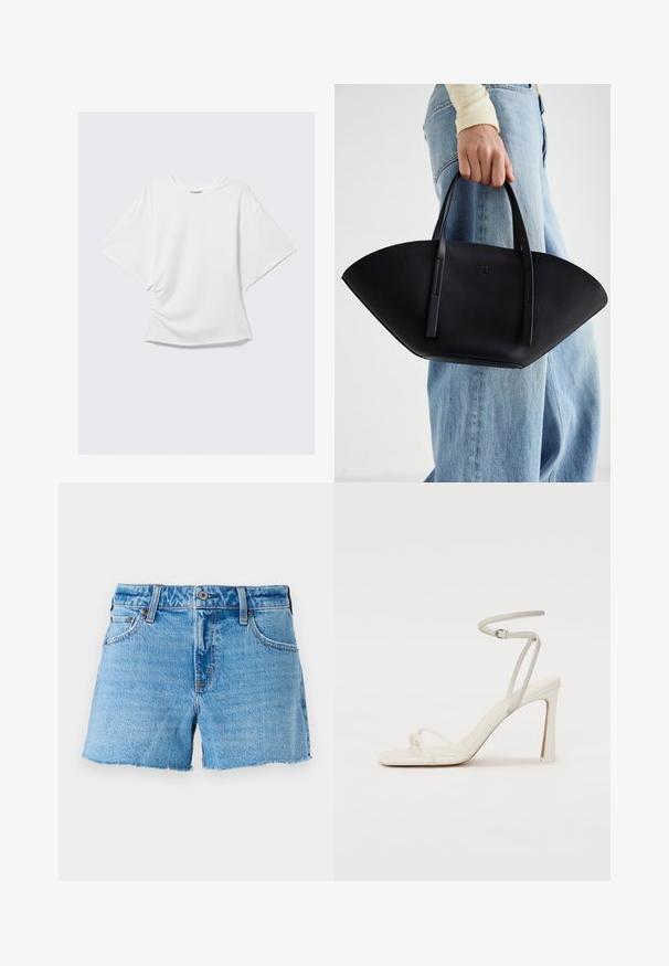Weißes, übergroßes T-Shirt mit kurzen Ärmeln und Rundhalsausschnitt, locker sitzend, auf einem hellgrauen Hintergrund flach präsentiert.; Denim-Shorts in Hellblau, mit rohem Saum, Fünf-Taschen-Design und Messingknopfverschluss. Glatte Textur mit leichter Ausbleichung.; Weiße hochhackige Sandale mit einem schlanken Knöchelriemen und zwei vorderen Riemen. Glatte Lederoberfläche mit einer quadratischen Zehenpartie und einem glänzenden Absatz.; Schwarze Lederhandtasche mit einzigartiger Fächerform, ausgestattet mit flachen Griffen. Die Oberfläche hat eine genoppte Textur und ein minimalistisches Design.