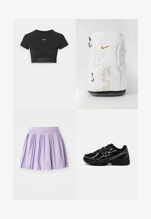 Svart kortärmad sporttop med croppad passform, som har en vit Nike-logga och ett strukturerat band med "NIKE" i ett mönster vid nederkanten.; Lila plisserad kjol med en slät textur, elastisk midja och en liten logotyp på nederkanten. Designad för en figurnära silhuett.; Svart atletisk sko med nätöverdel, silverdetaljer, vadderad sula och snörning. Har rundad tå och texturerad sula.; Nike-ryggsäck i vitt med guldlogo och texten "ELITE", med dragkedjsstängningar, mesh-fickor på sidan och en svart bottenbas. Slät yta.