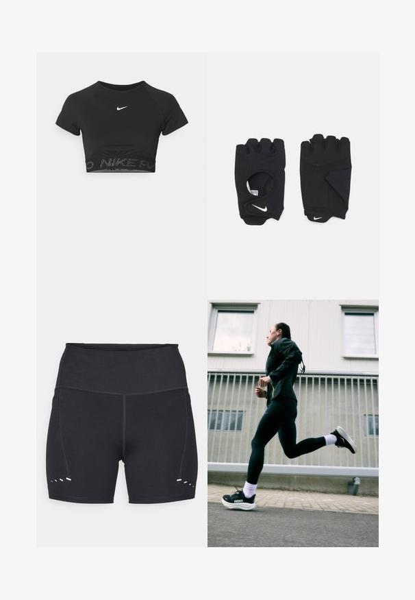 Svart kortärmad sporttop med croppad passform, som har en vit Nike-logga och ett strukturerat band med "NIKE" i ett mönster vid nederkanten.; Svarta sportshorts med en slät yta, hög midja och kontrasterande vita detaljer på sidorna. Tillverkade av stretchigt, andningsbart material.; Svart idrottsjacka med neonlysande detaljer, svarta leggings och svarta löparskor med vita sålar, mot en ljusgrå bakgrund.; Svarta fingerlösa handskar gjorda av elastiskt material, med en öppen handdesign, greppdetaljer och Nike-logotypen i vitt.