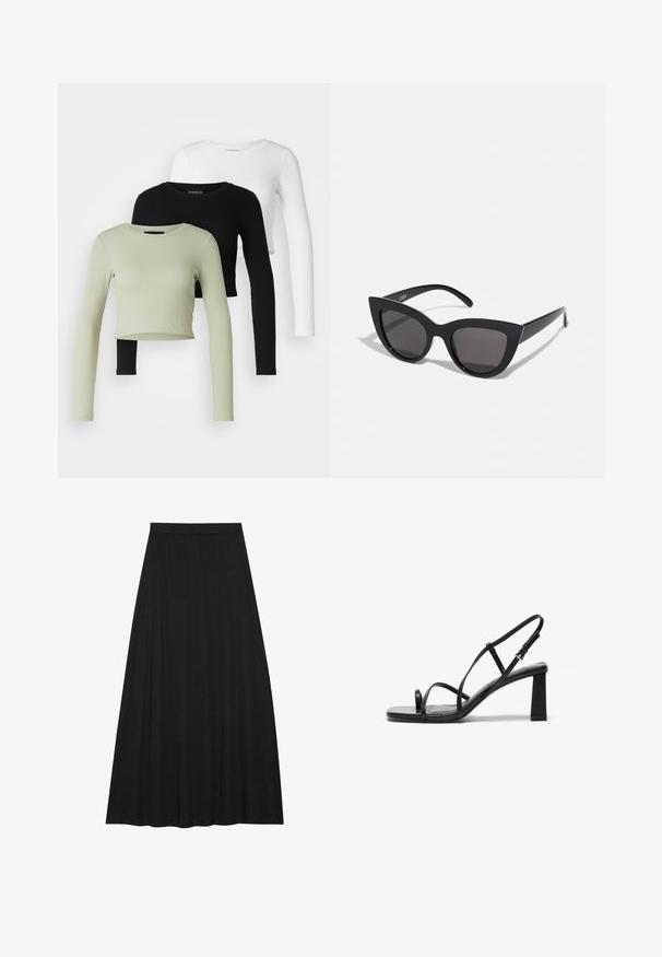 Even&Odd Petite 3 PACK - Long sleeved top - black/white/light green; Black maxi skirt made of soft, flowing fabric. It features an elastic waist and a full, A-line silhouette with a smooth texture.; Black high-heeled sandals with a square toe, thin adjustable straps, and a chunky block heel. Smooth leather texture with minimal detailing.; Black cat-eye sunglasses with a matte finish, featuring gray tinted lenses, sharp angles, and sleek side arms. Brand name visible on the inner arm.; Gold hoop earrings with a smooth, rounded design. Features a small hinge closure, lightweight appearance, and a polished finish.