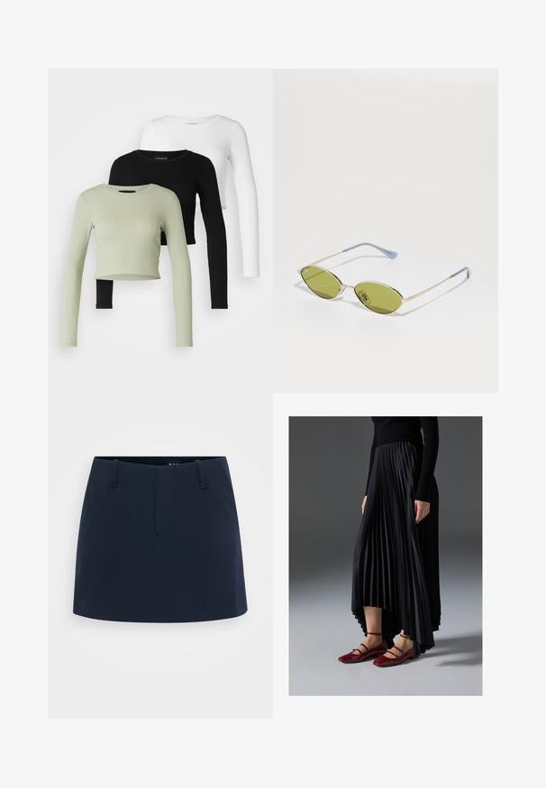 Even&Odd Petite 3 PACK - Ilgarankovis viršutinės dalies drabužis - black/white/light green; Tamsiai mėlyna sijonas su prigludusia forma, turintis plokščią priekį, diržo kilpas ir be matomų kišenių. Pagamintas iš tekstūruotos medžiagos.; Juoda plisuota sijonas su aukštesniu priekiniu kraštu, derinamas su blizgiomis raudonomis plokščiomis bateliais, turinčiais dirželio dizainą. Medžiaga yra glotni.; Alyvos spalvos saulės akiniai su plonu auksiniu rėmu ir mėlynais akcentuotais šonais. Ovalūs objektyvai ir minimalistiškas dizainas.